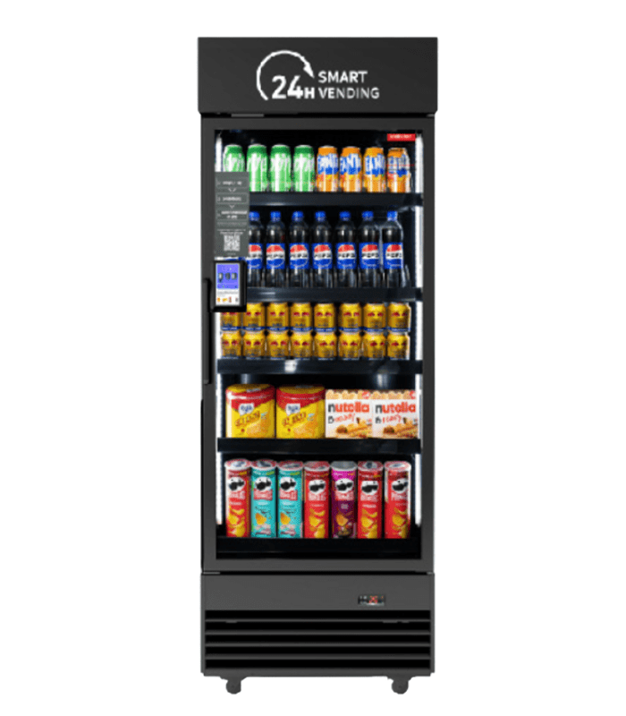 24-hour smart vending fridge stocked with drinks
