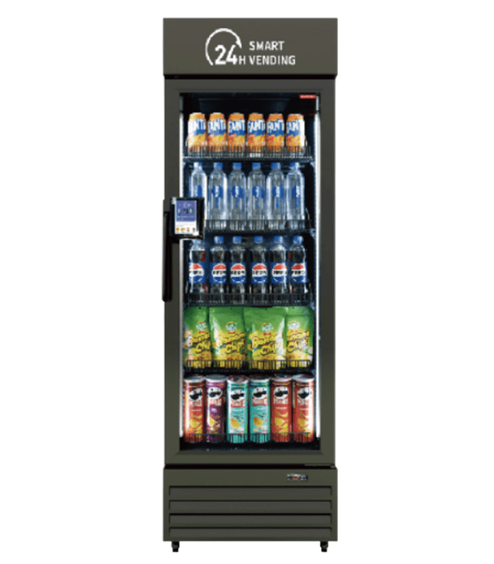 Glass-door vending refrigerator stocked with assorted drinks