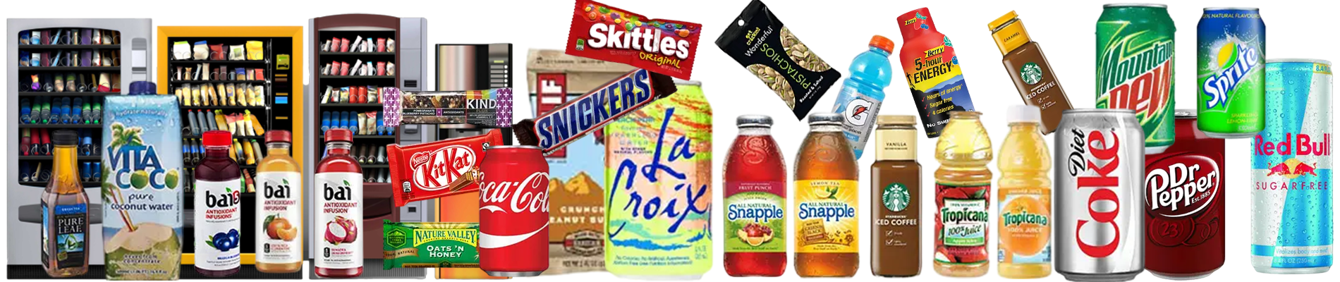Assorted soda, juice, energy drinks, and snacks